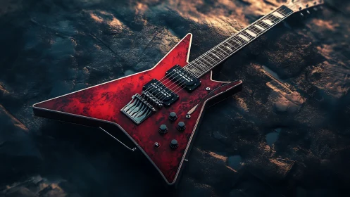 Red metal electric guitar on textured dark surface.