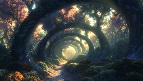 Forest tunnel with concentric tree arches and golden light rays