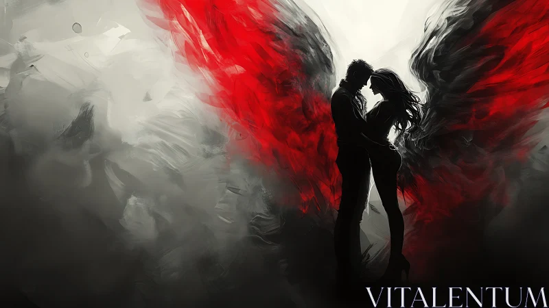 Silhouetted Lovers With Crimson Wings Embracing