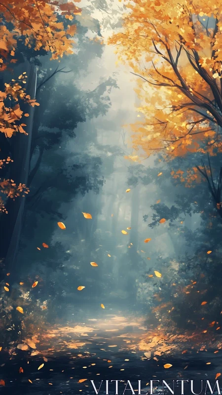 Forest pathway with autumn foliage and atmospheric mist