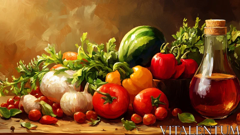Oil still life renders fresh vegetables and glass carafe