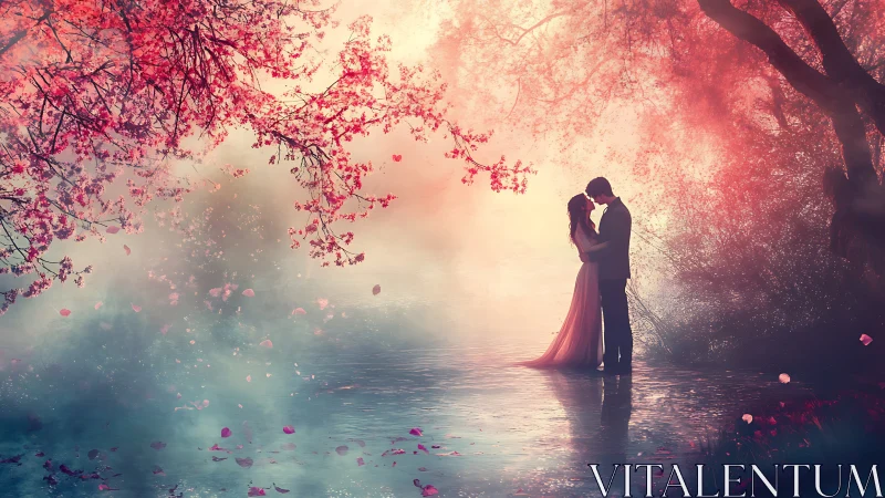 Romantic couple embraced beneath blooming cherry blossom trees.