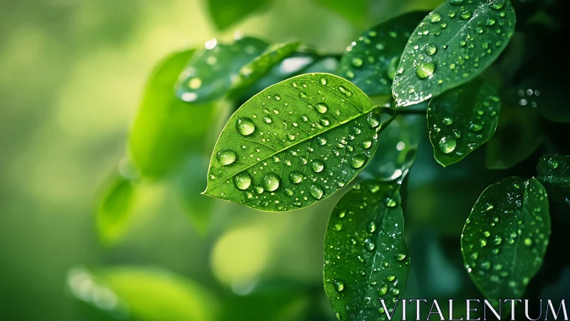 Leaf closeup holds dew droplets in vivid emerald light.