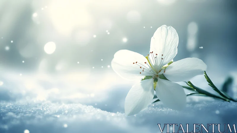 Delicate White Blossom in Winter Landscape with Soft Focus.