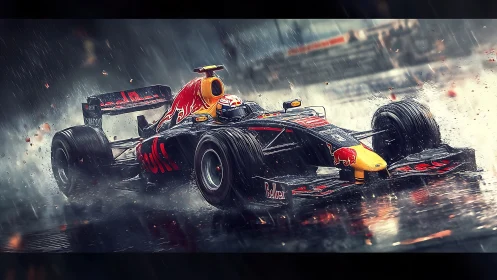 Roaring F1 race car slices through stormy wet racetrack