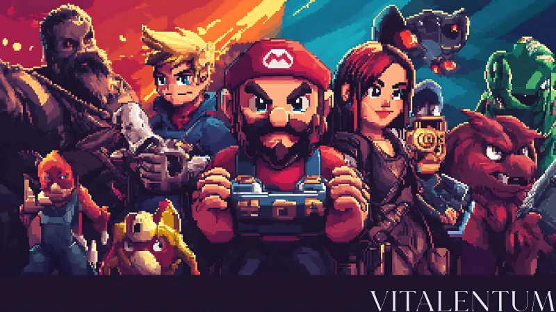 Pixel-art crossover lineup shows multi-genre heroes in split lighting