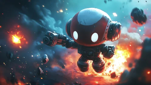 Robotic figure in explosive outer space combat environment.