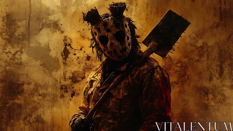 Masked figure holding shovel stands before stained wall