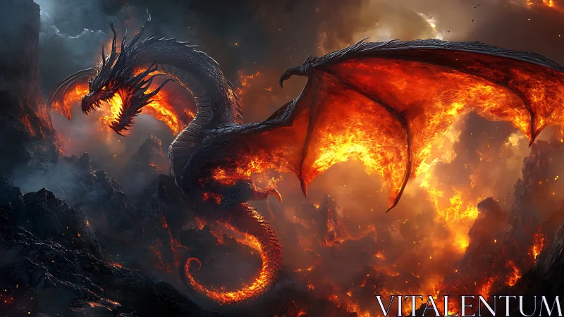 Firelit dragon soaring through molten skies and shadowed peaks.