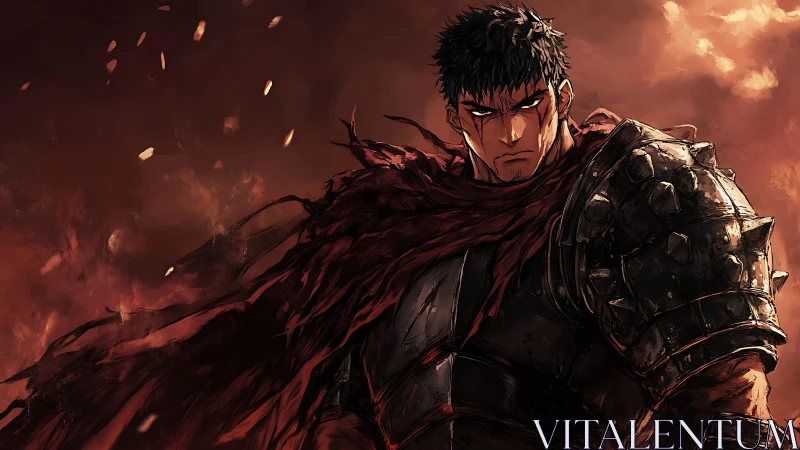 Battle-hardened warrior under burning storm sky.