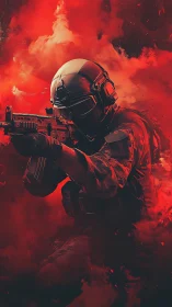 Tactical operator with carbine in red volumetric smoke field