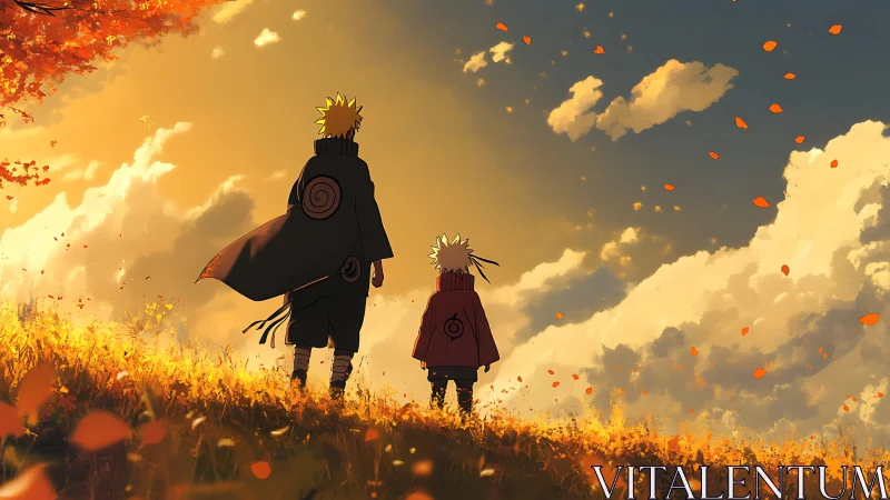 Autumn hillside traversal with dual cloaked anime figures.