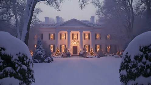 Winter mansion glows like a lantern tucked in quiet snow