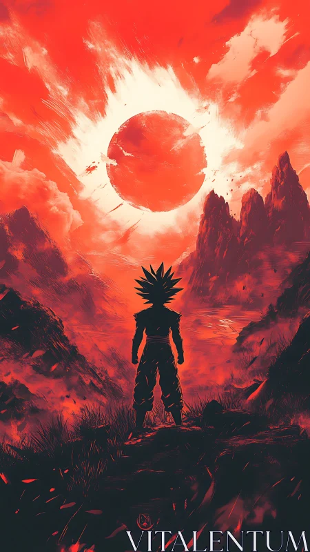 Lone warrior greeting a blazing cosmic red sunrise.