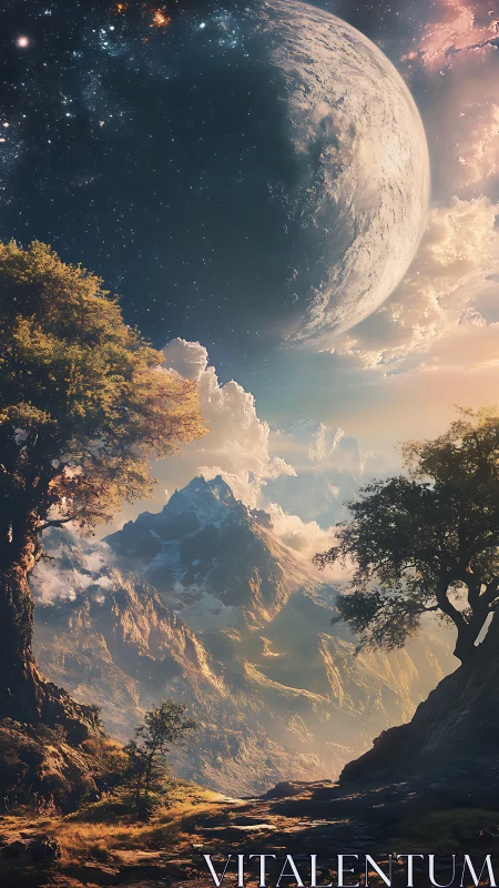 Planetary convergence above luminous alpine valley terrain.