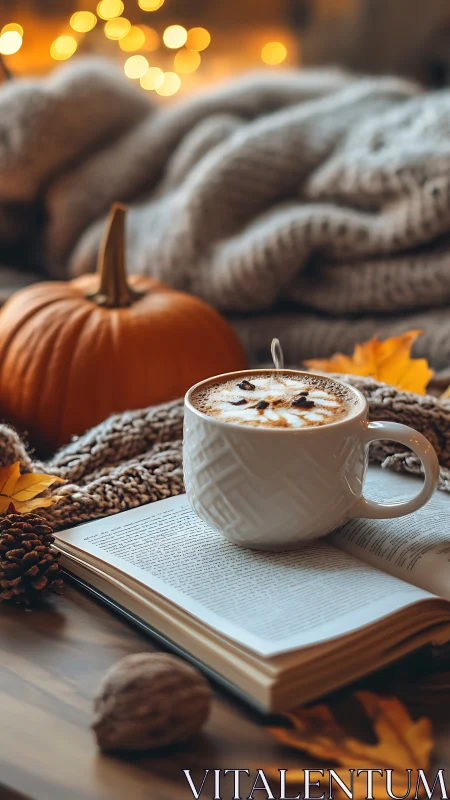 Autumn flatlay with latte art, open book, pumpkin and knits