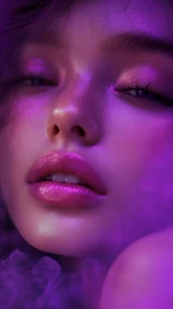 Close-up digital portrait shows face in neon purple lighting
