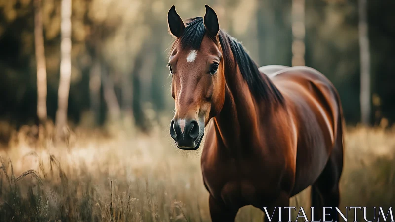 Brown horse standing in tall grass with blurred forest.