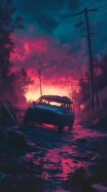 Chromatic post-apocalypse corridor with derelict utility car.