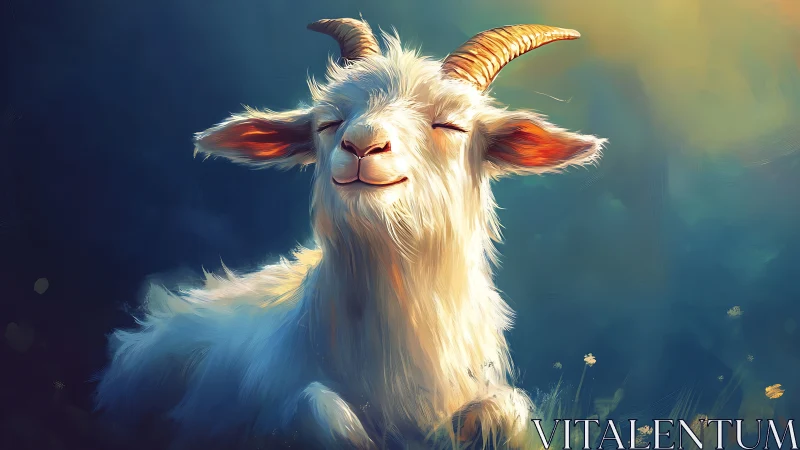 Contented white goat in soft backlight with painterly blur