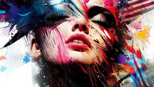 Abstract portrait with dynamic chromatic splatter over face