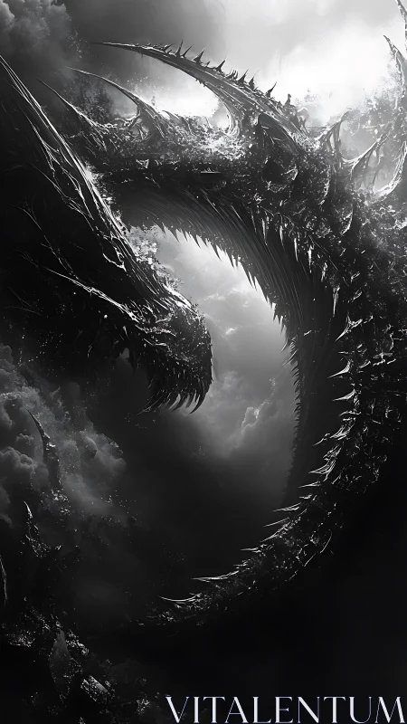 Monochrome spiked dragon coiled in dense storm clouds.