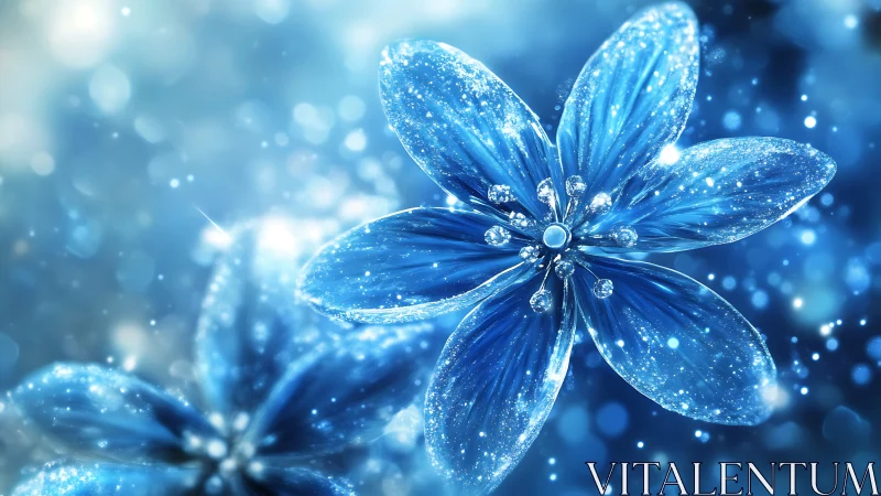 Crystalline Blue Flower with Diamond-Studded Petals in Luminous Bokeh.
