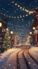 Snow-kissed tram tracks curl through a lantern-lit winter dream