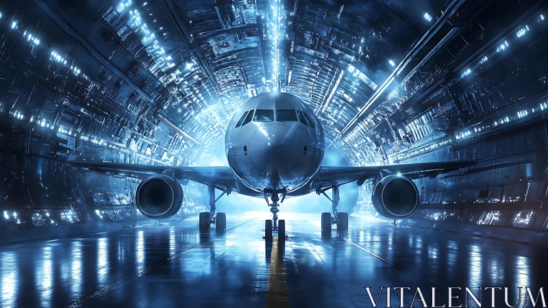 Futuristic airliner aligned in luminous cybernetic tunnel