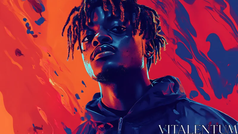 Neon-lit portrait of young man in duotone cyan and orange glow