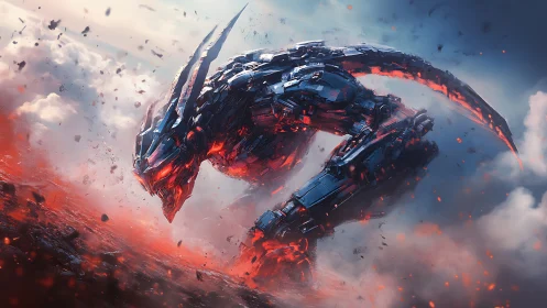 Molten mech-dragon charging across fractured volcanic wasteland