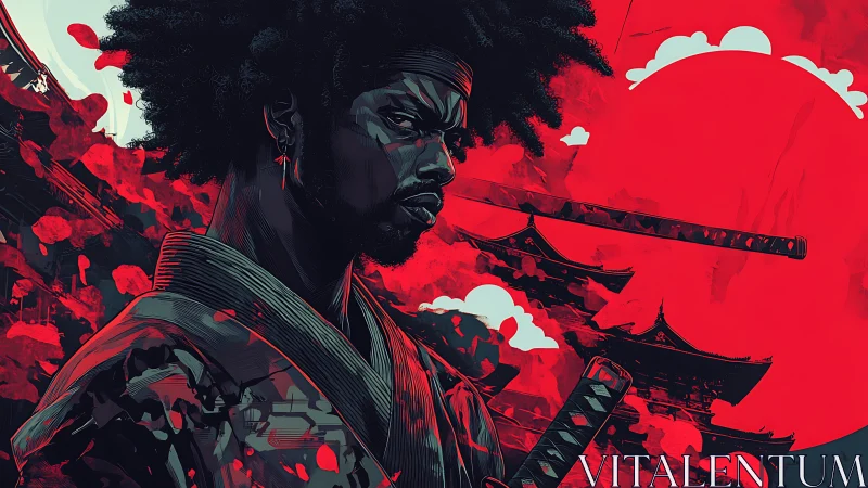Afro-samurai under a bloodred sun, poised between eras.