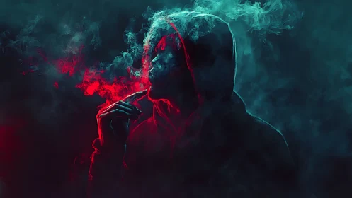 Hooded silhouette exhales neon vapor in cinematic cyber-noir lighting