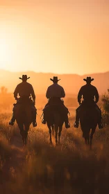 Triadic cowboy silhouettes in backlit desert sundown field.
