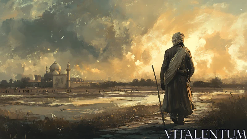 Solitary robed figure on riverside path near domed monument.