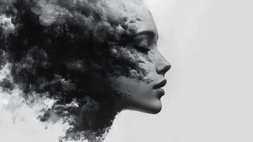 Monochrome female profile dissolving into turbulent cloud textures