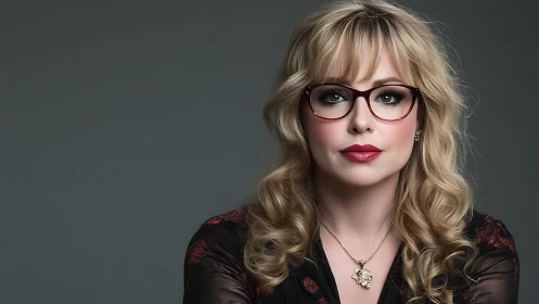 Portrait of blonde woman in red glasses, neutral studio backdrop.