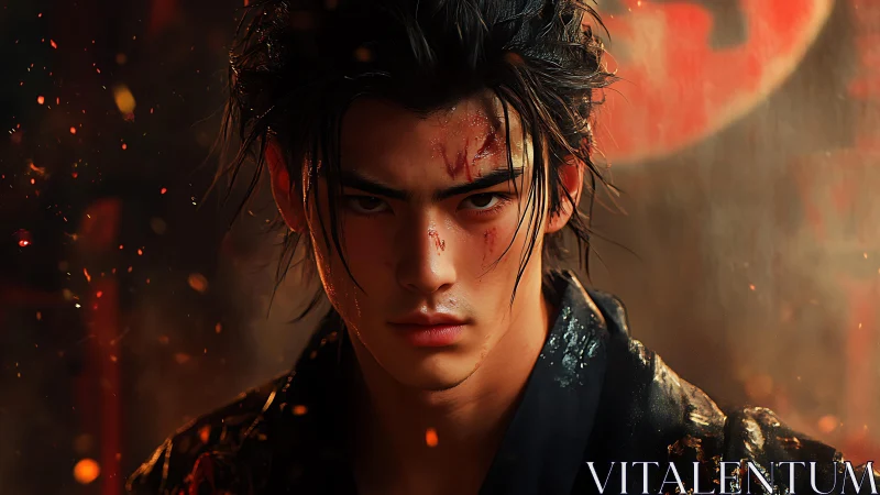 Battle-worn young warrior in ember-lit cinematic portrait