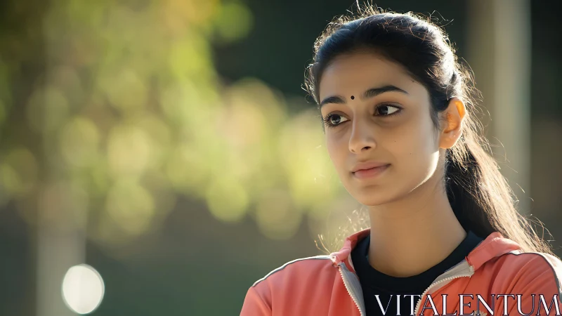 Warm morning portrait of a thoughtful young woman outdoors.