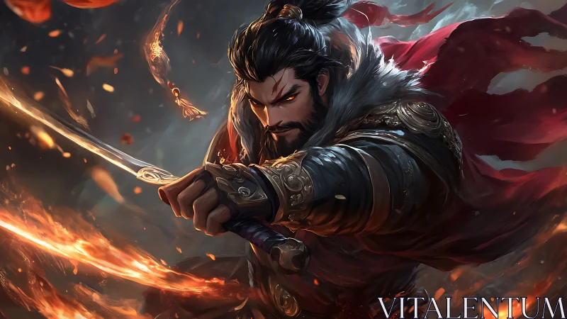 Armored swordsman advances through arcing flames in motion