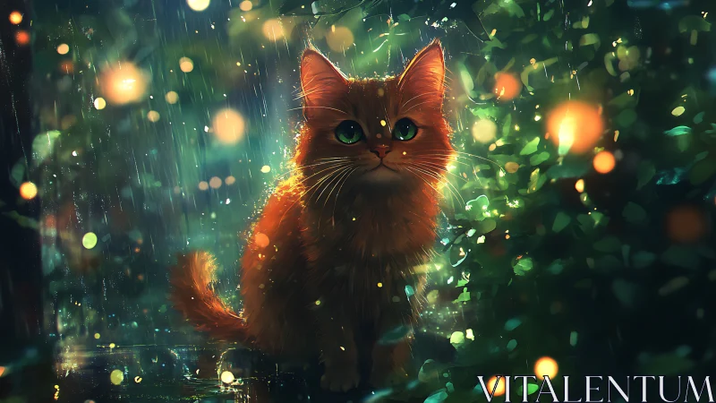 Glowing cat in emerald rain with luminous bokeh.