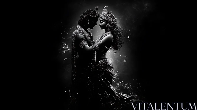 Two Ornate Figures in Romantic Embrace Against Dark Background.