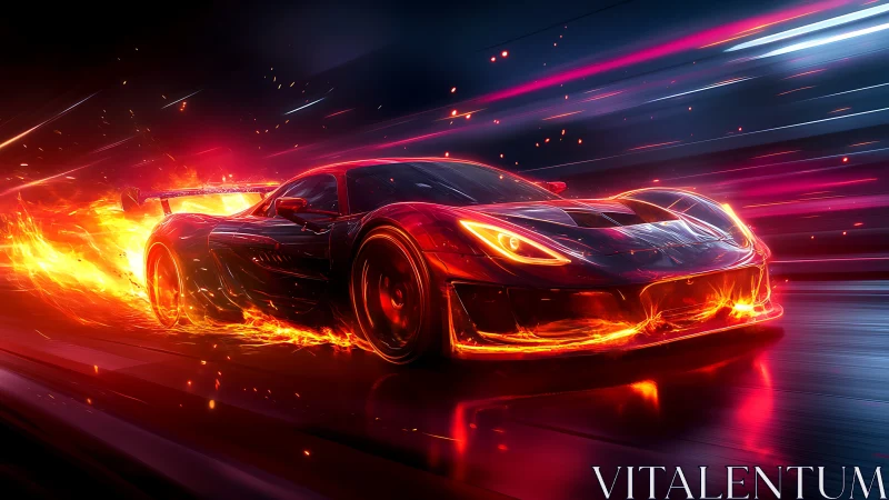 Flaming cyberpunk race car tears through neon night circuit