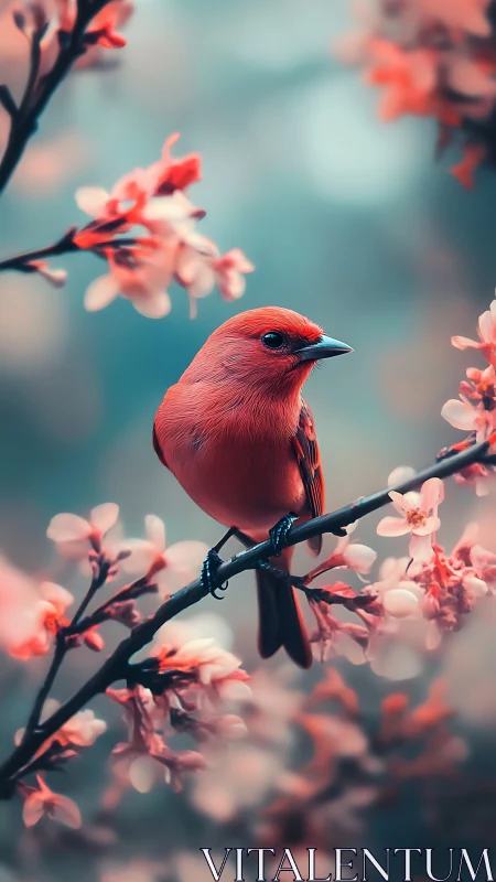 Blossom-kissed red songbird rests quietly among soft blooms