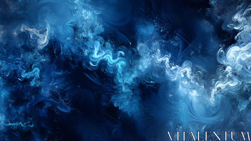 Swirling Blue Abstract Waves Digital Painting with Ethereal Light.