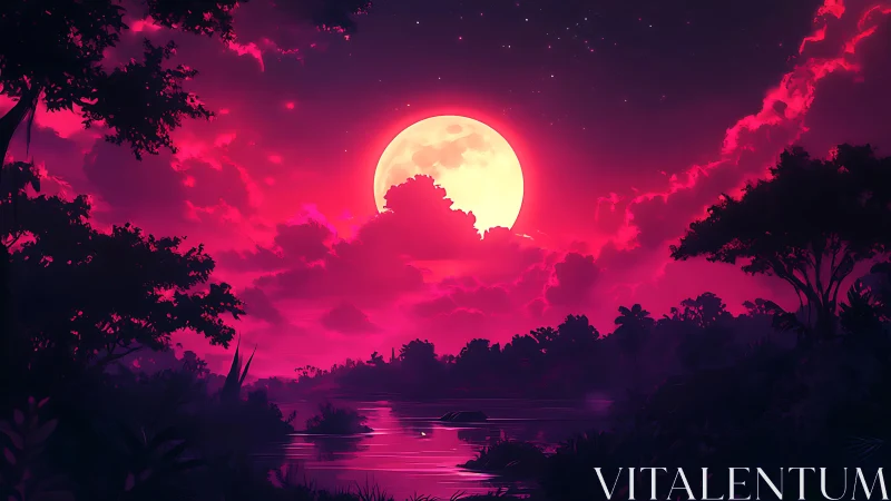 Neon crimson moonrise over tranquil jungle river at dusk.