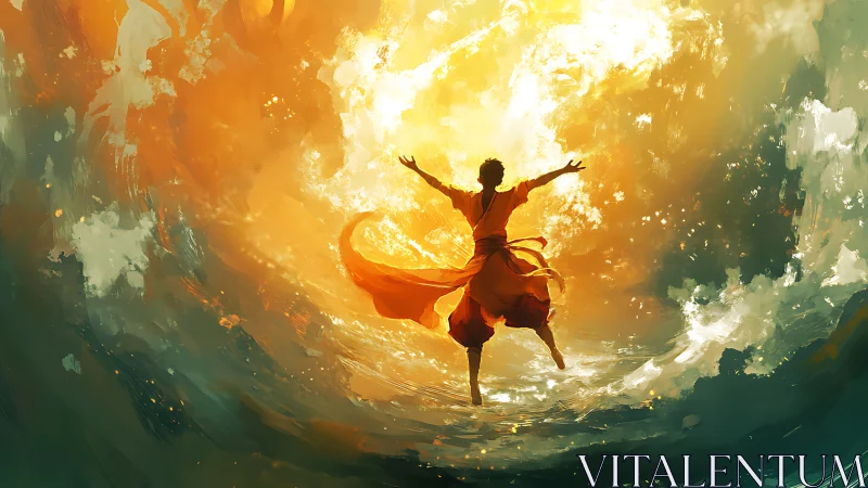 Figure commands radiant vortex in dynamic fantasy seascape