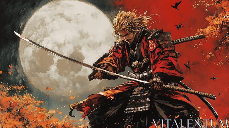 Lone samurai steadies his blade beneath a burning moonlit sky