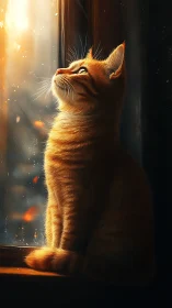 Golden Feline Contemplation: Luminous Cat Gazing Upward in Dramatic Light