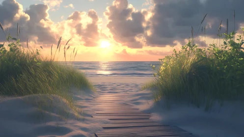 Wooden path through dune grass toward calm ocean sunset.